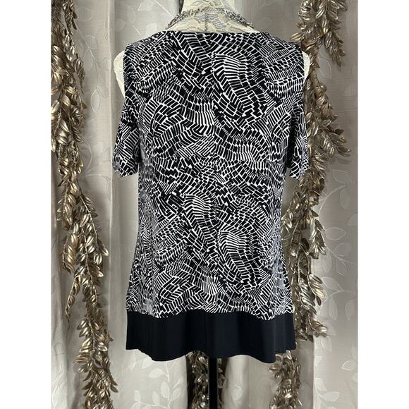 Rafaella Cold Shoulder Top Small Black White Print Keyhole Blouse S - Picture 6 of 10